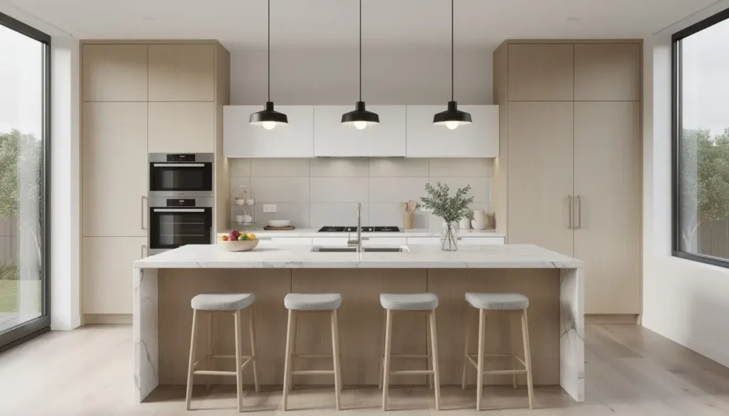 Completed luxury kitchen interior with marble island designed by Jag Homes Bop in Waihi Beach.