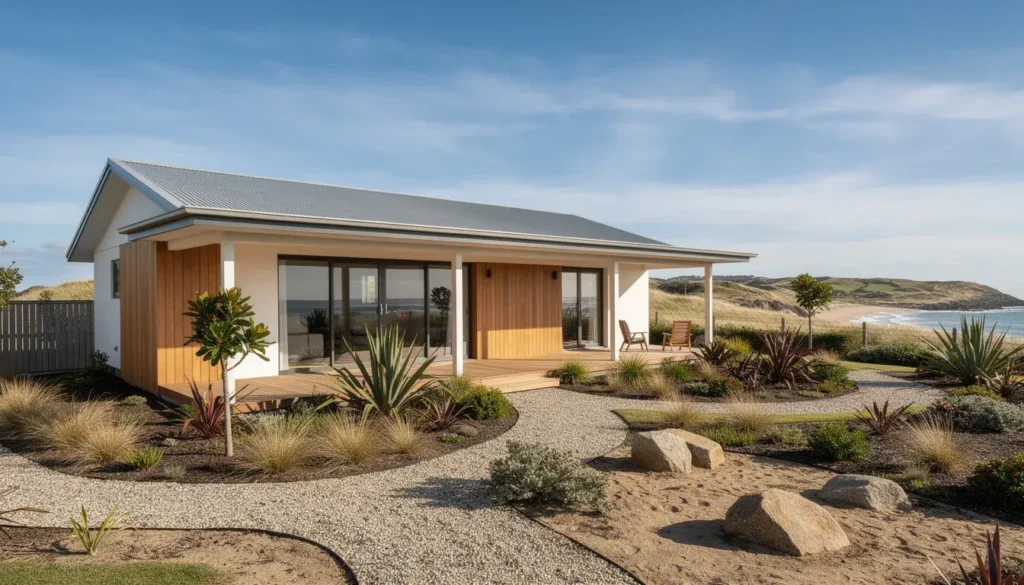 Finished modern beach house with timber accents and native landscaping by Jag Homes Bop.